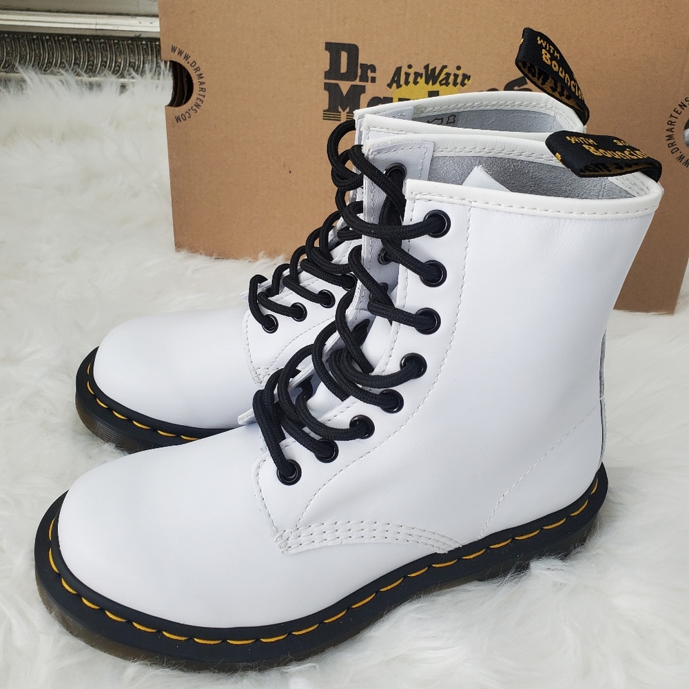 Dr. Martens White Leather Combat Boots with Black Laces